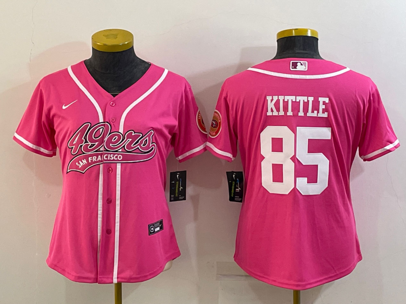 Women's San Francisco 49ers #85 George Kittle Pink With Patch Cool Base Stitched Baseball Jersey(Run Small) Women's San Francisco 49ers #85 George Kittle Pink With Patch Cool Base Stitched Baseball Jersey(Run Small)